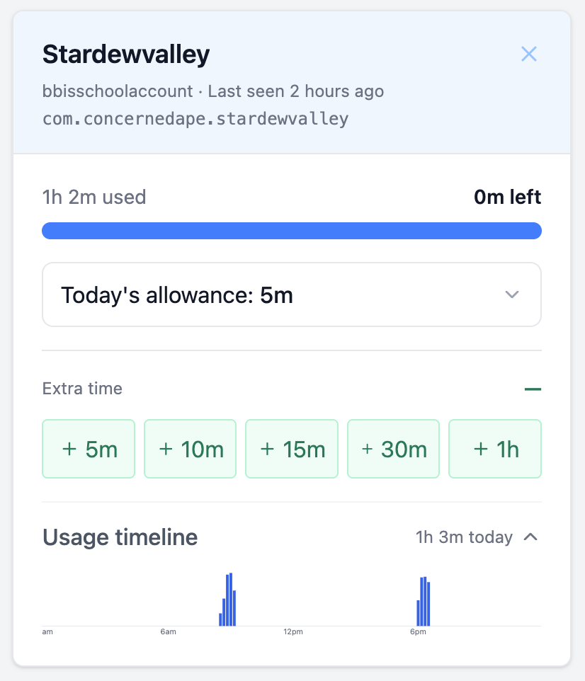 TempoMinder per-game usage panel showing Stardew Valley at its daily limit